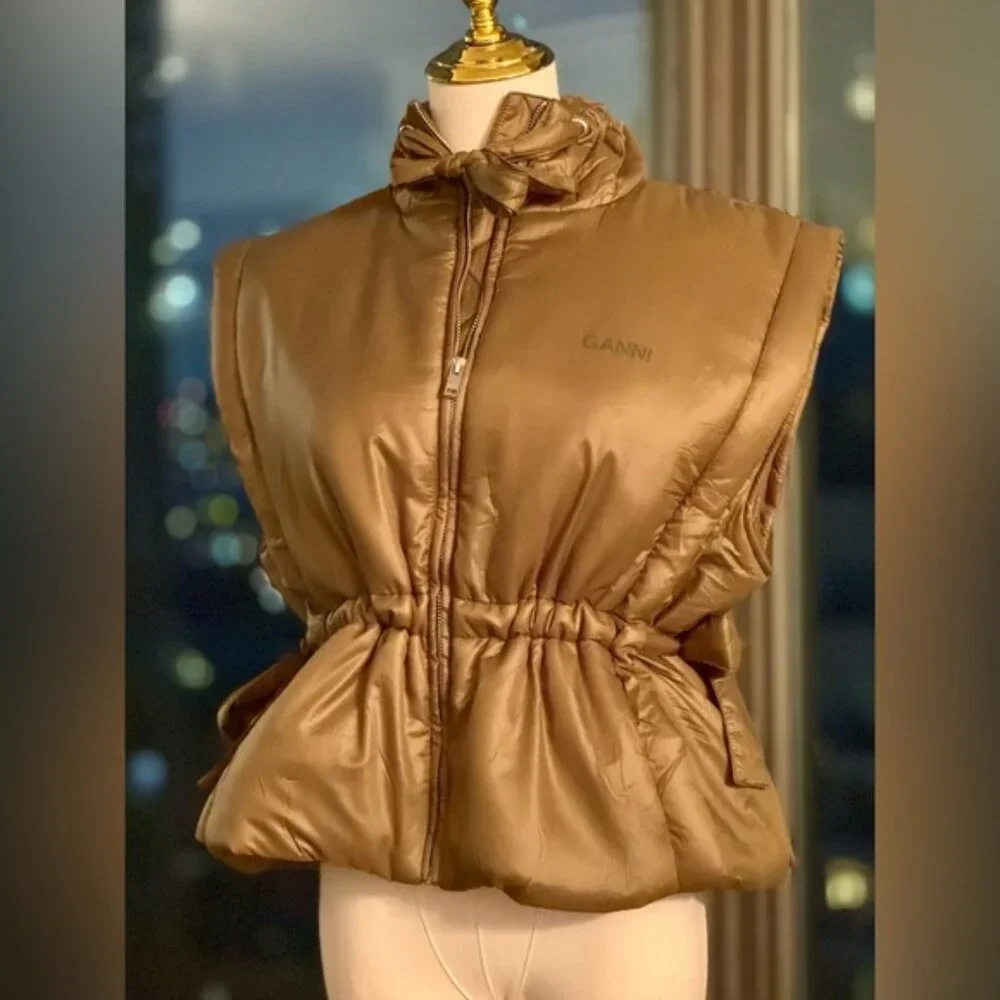 🆕 GANNI 🧿 NWOT Padded Sleeveless Jacket, Khaki Green - Sz S / M - Picture 5 of 16